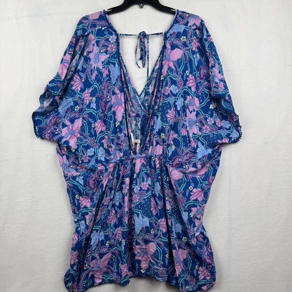 Victoria's Secret XL/TG Blue Floral Viscose V Neck Kaftan Cover Up Top - Picture 5 of 6